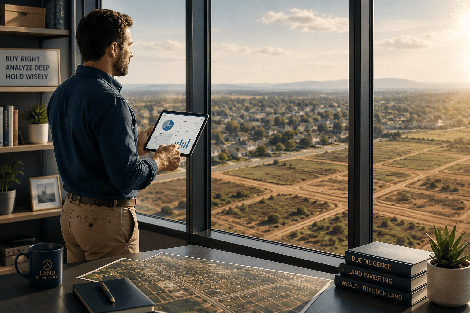 Confident real estate investor standing by a large office window, reviewing property investment charts on a tablet while overlooking residential neighborhoods and undeveloped land in warm morning light.