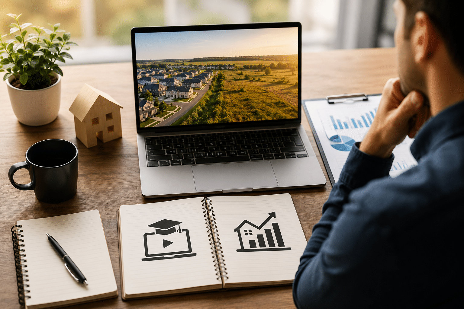 Top-down view of a person comparing two real estate investment course materials with notebooks, calculator, model house, and decision-making notes on a wooden desk.