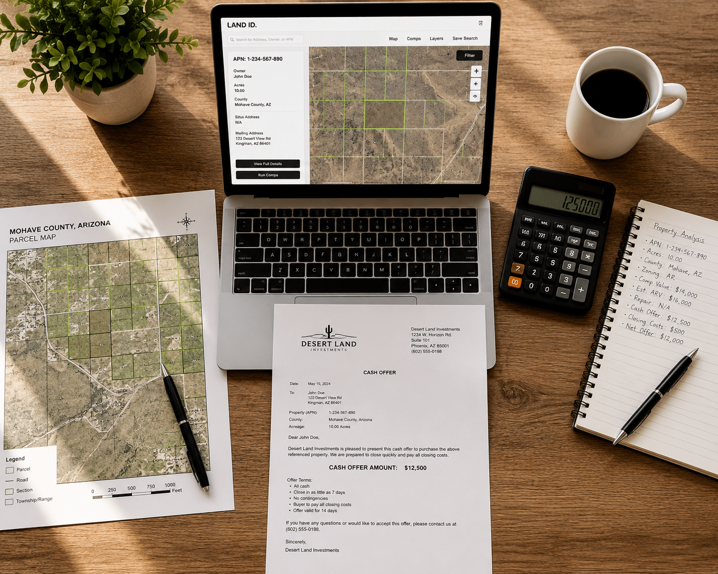 Overhead view of a wooden desk with a county parcel map, laptop displaying land data, calculator, and printed cash offer letter arranged for land investment analysis.