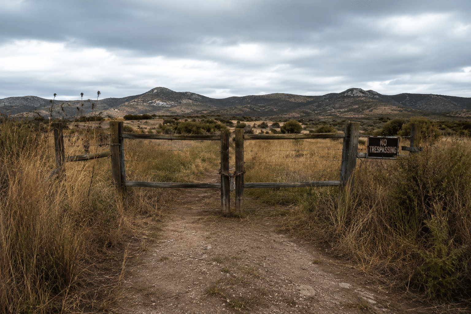 Weathered wooden gate with a locked entrance, faded "No Trespassing" sign, and overgrown dirt path leading into a remote undeveloped land parcel under cloudy skies.