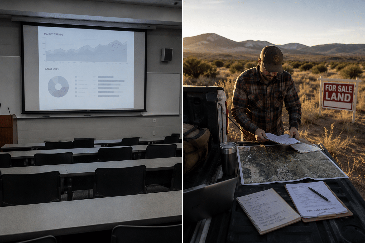 Split-screen image showing an empty classroom with presentation charts beside a land investor reviewing property documents on a pickup truck at a rural land parcel.