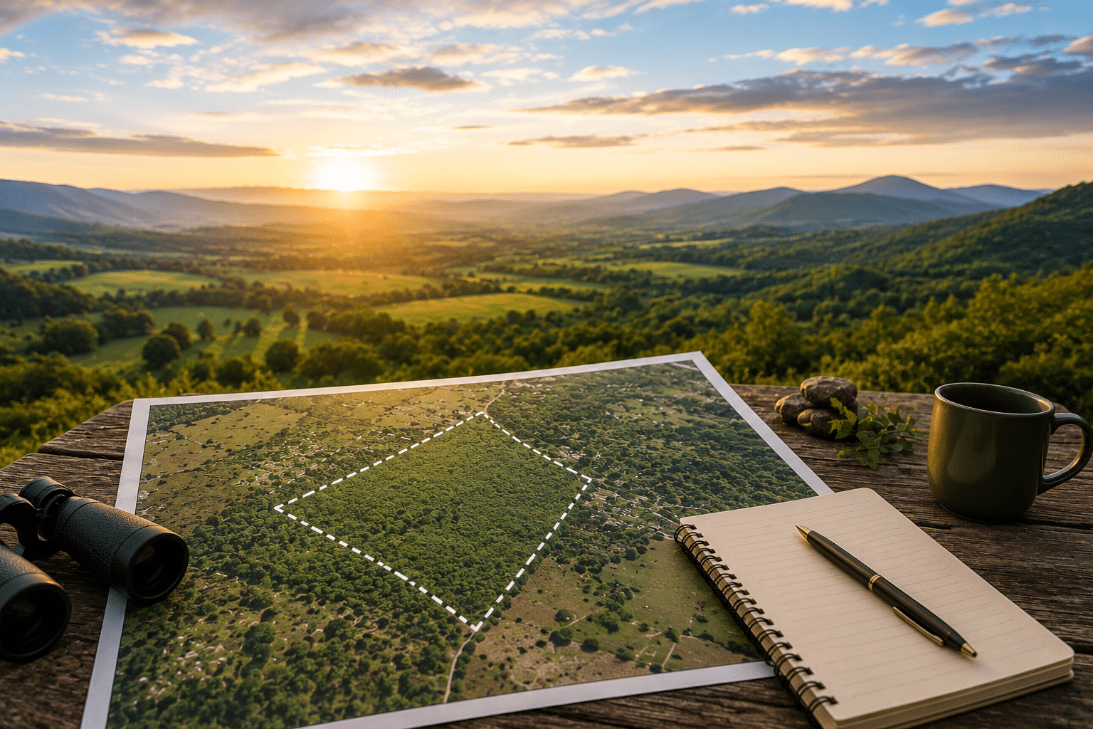 Aerial land parcel map, notebook, and binoculars on a wooden table overlooking a scenic rural landscape, representing land investment research and property evaluation.