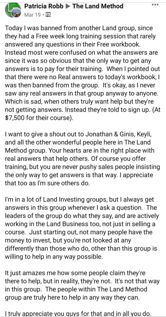 Testimonial from The Land Method Customer