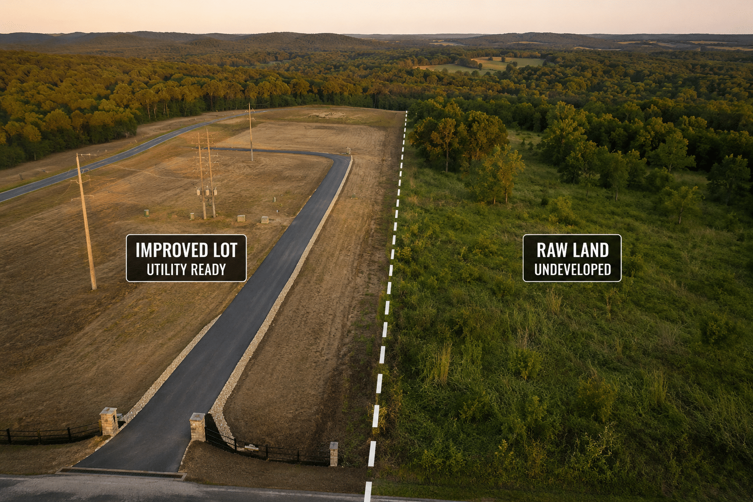 Aerial view of a rural property showing a developed lot with a paved driveway and utility poles on one side, contrasted with undeveloped raw land covered in dense grass and trees on the other under warm afternoon light.