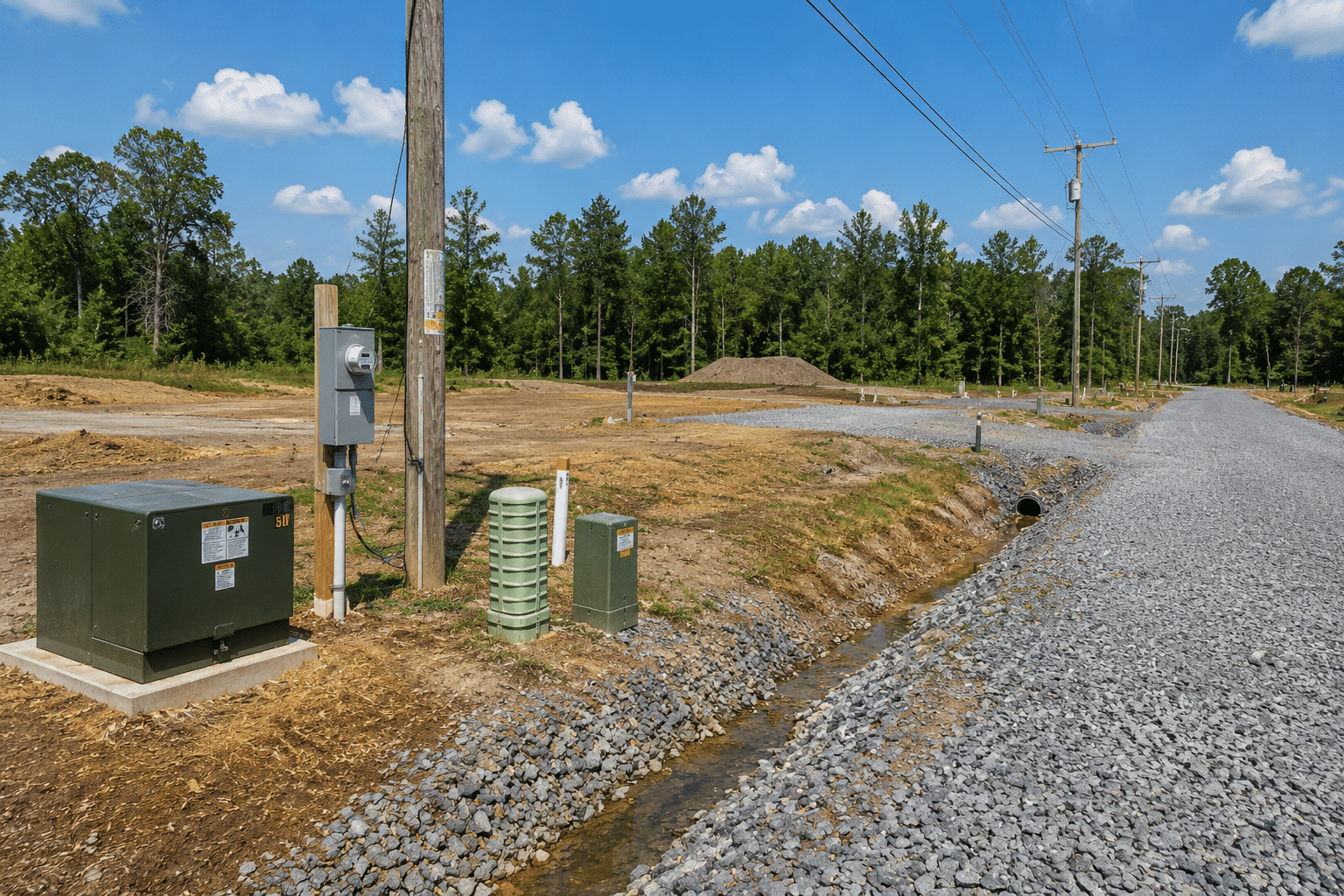 Ground-level view of a partially developed land parcel with utility connection boxes, a power pole, overhead electrical lines, a graded gravel road, and a drainage ditch under a bright blue sky.