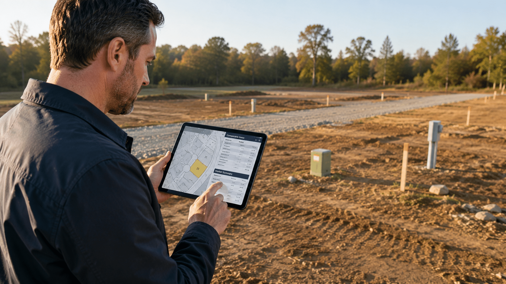 Professional land investor using a tablet to review property comps and a plat map while standing on a graded lot with survey stakes, utility connections, and a gravel access road in the background.