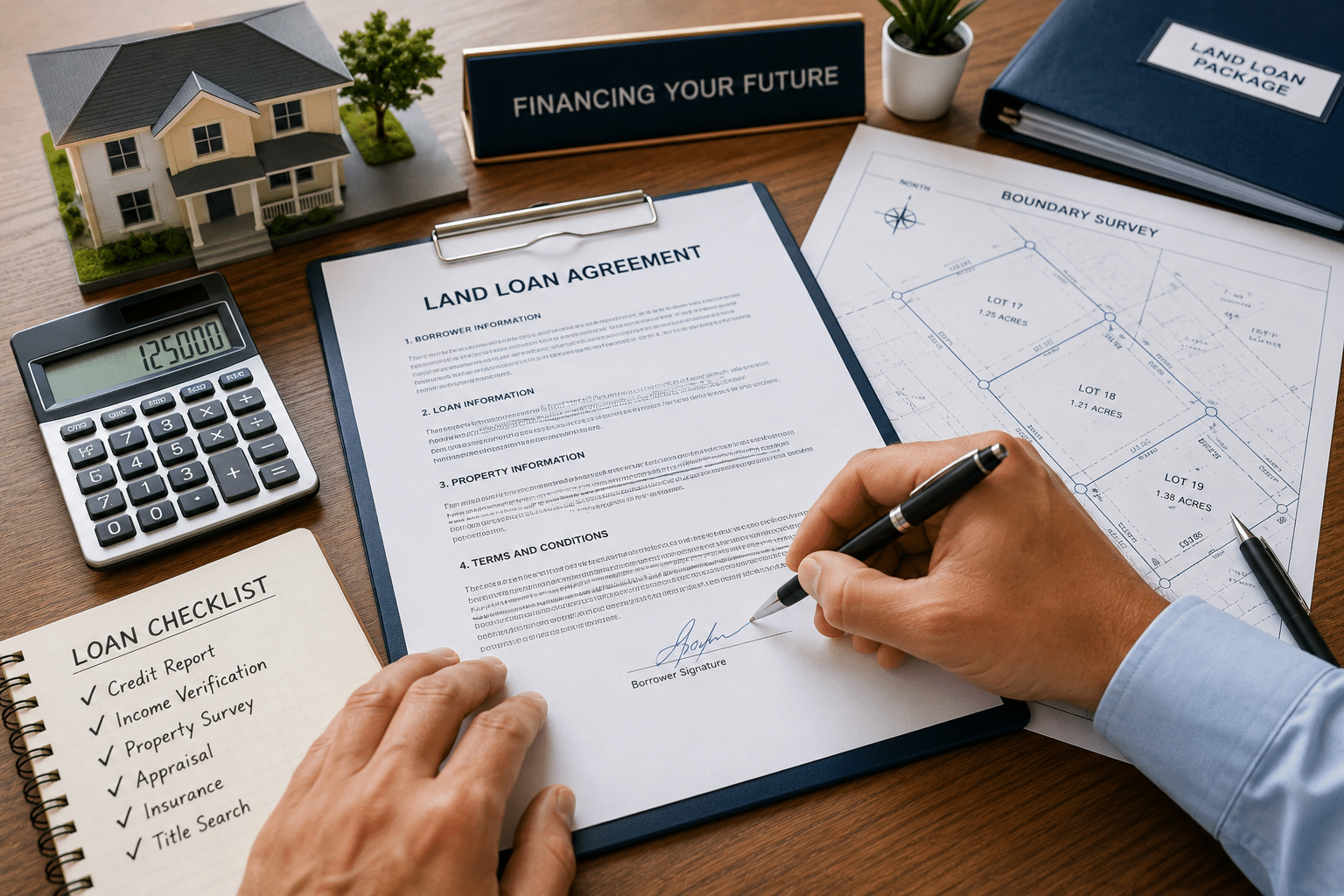 Close-up of hands signing land loan documents on a desk with a property survey, calculator, and model house in a bright professional office.