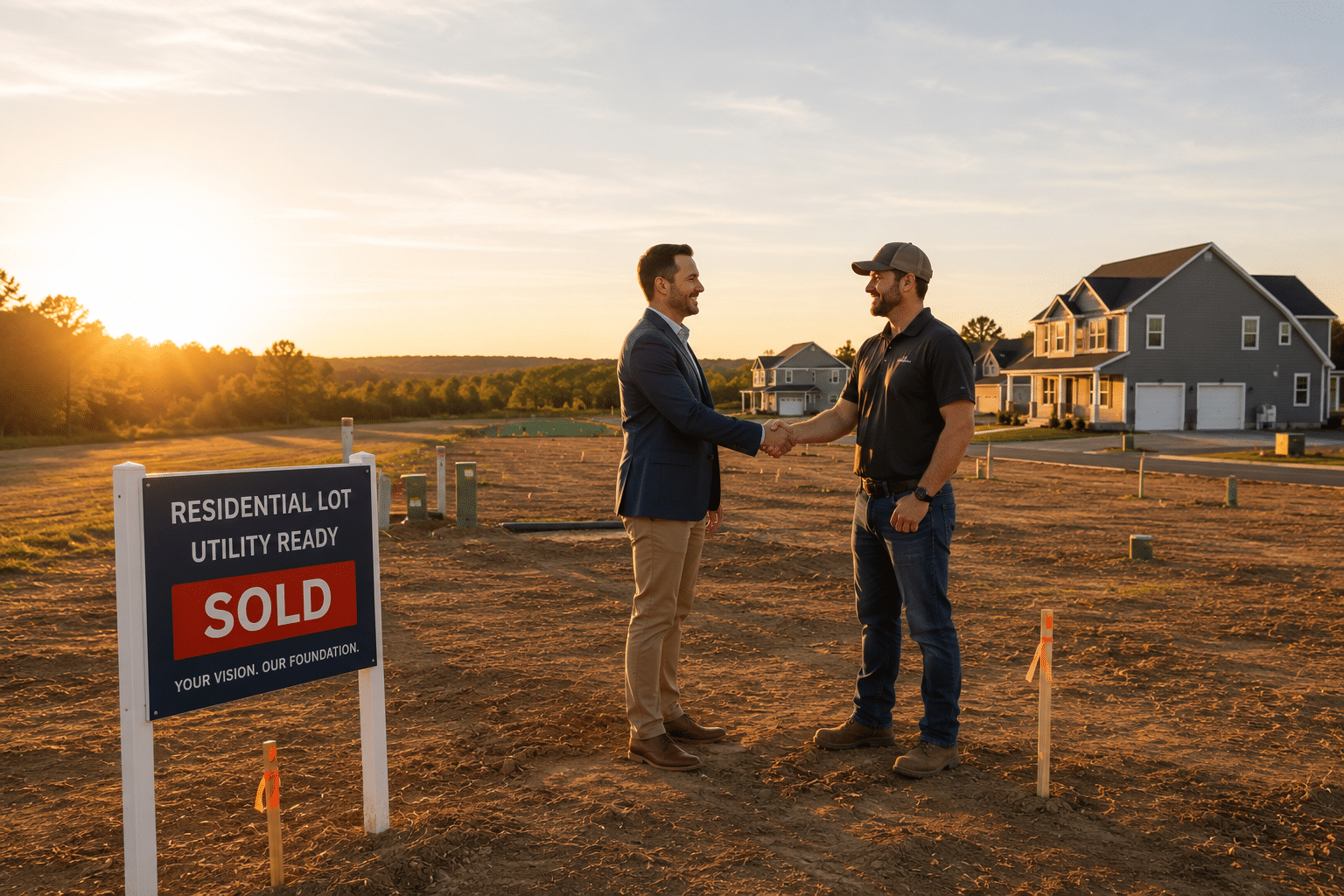 Investor and builder shaking hands on a cleared residential lot with a Sold sign, survey stakes, and nearby homes during golden hour, representing a completed land sale and development opportunity.