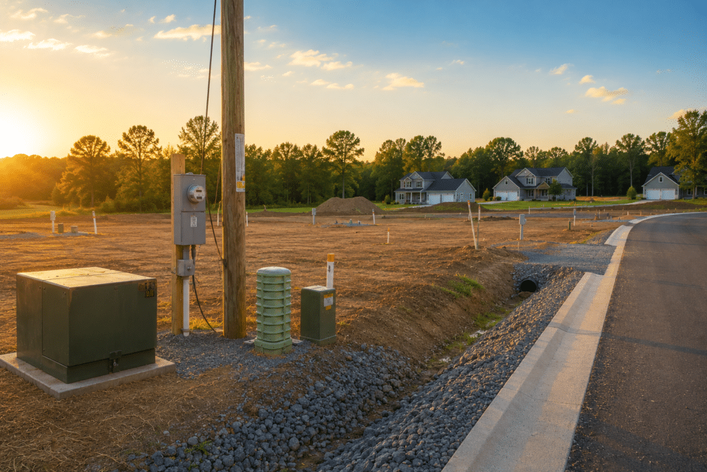 Wide view of an improved residential land parcel with paved roads, utility connections, drainage infrastructure, and graded lots during golden hour.