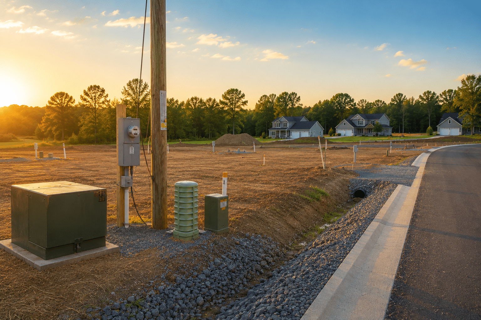 Wide view of an improved residential land parcel with paved roads, utility connections, drainage infrastructure, and graded lots during golden hour.