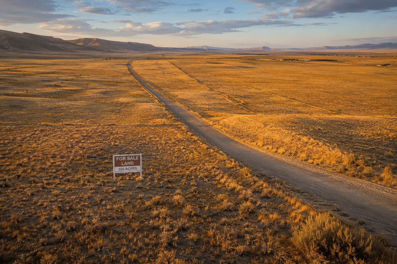 Aerial view of undeveloped rural land in the American Southwest with golden grasslands, a gravel road, and a small for-sale sign under a wide golden-hour sky.