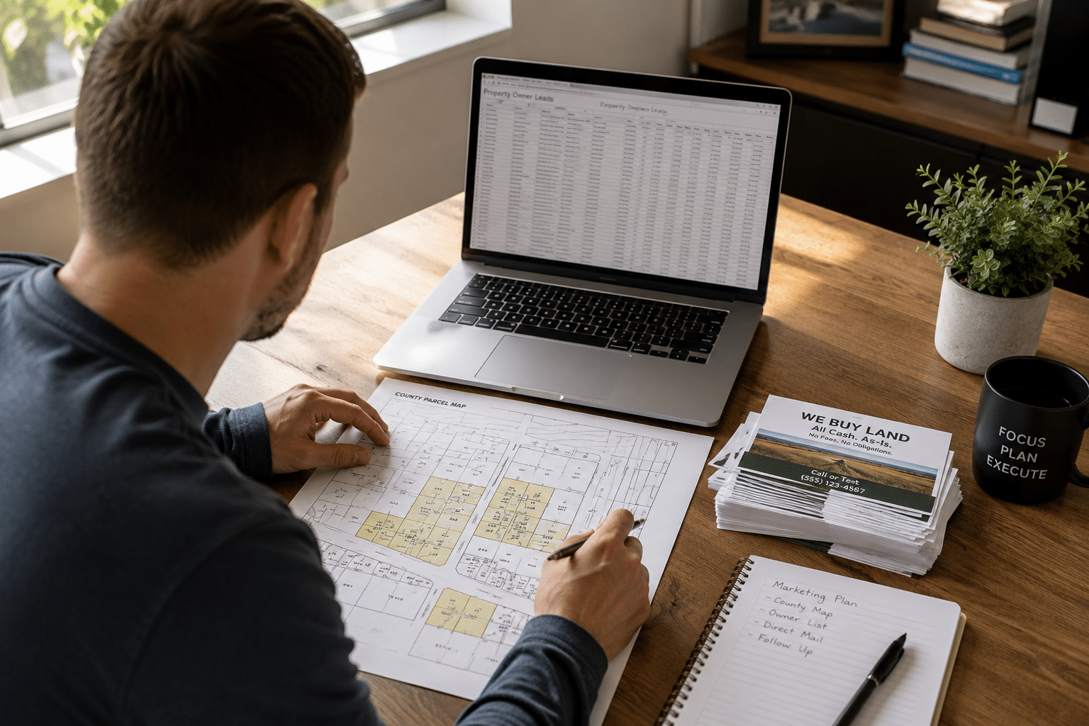 Over-the-shoulder view of an entrepreneur reviewing a county property map, owner lead spreadsheet on a laptop, and direct-mail postcards at a home-office desk.