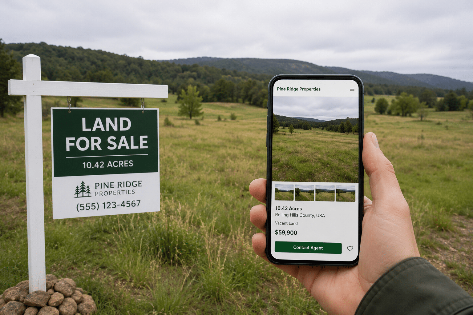 Hand holding a smartphone displaying a rural land listing next to a land for sale sign in an undeveloped grassy field under an overcast sky.