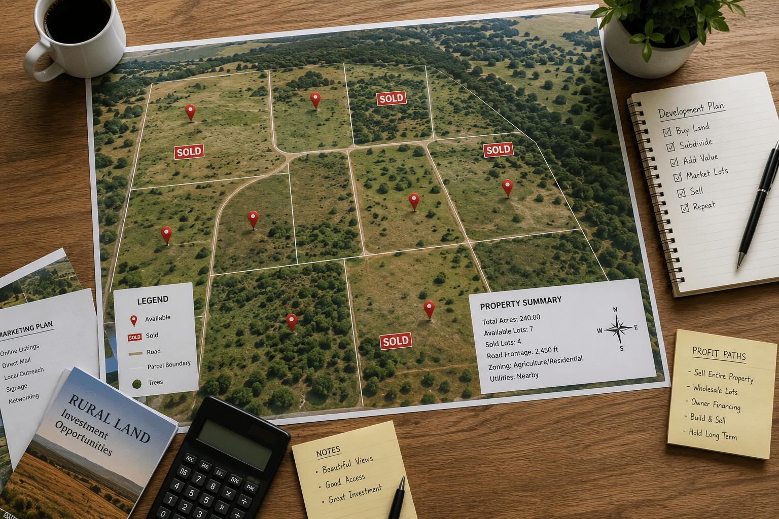 Top-down view of a rural land parcel map showing subdivision lines, property markers, and several sold tags arranged on a planning table.