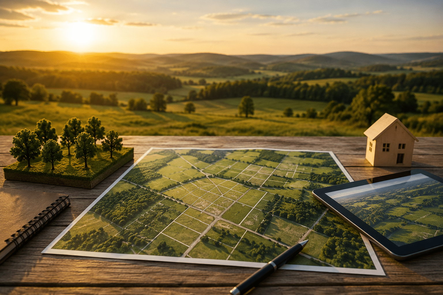 A rural land parcel map, tablet, notebook, and miniature landscape model arranged on a wooden table overlooking rolling countryside at sunset, representing a systematic approach to land flipping.