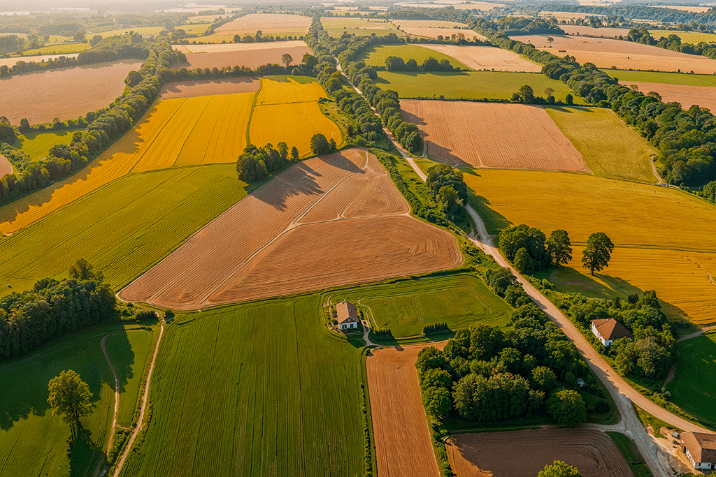aerial view diverse agricultural landscape with various crops