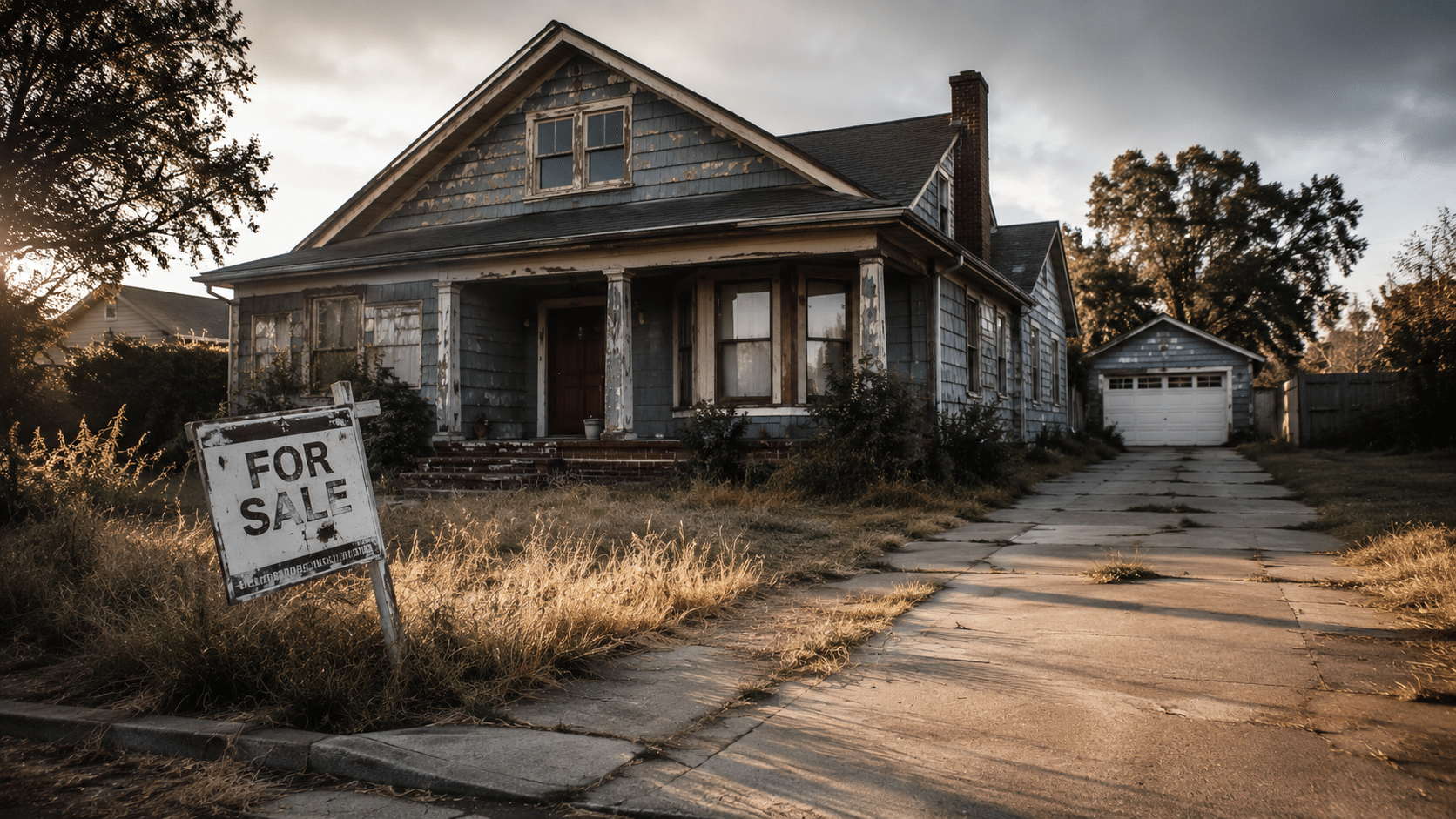 A weathered suburban single-family house with peeling blue paint, an overgrown lawn, and a faded "For Sale" sign leaning near the curb, photographed in warm late-afternoon light.
