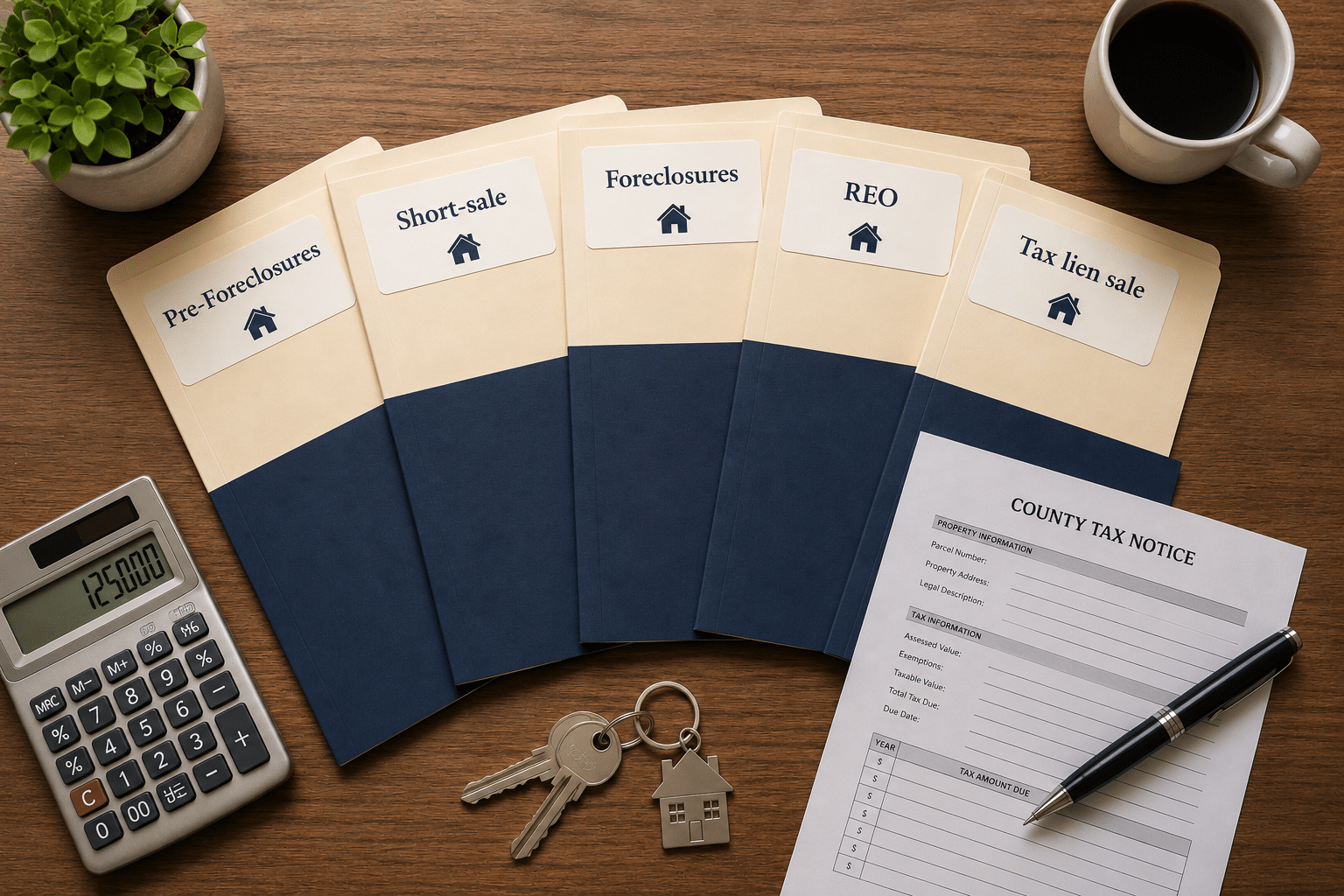 Overhead view of five labeled real estate file folders—Pre-Foreclosures, Short-sale, Foreclosures, REO, and Tax lien sale—arranged on a wooden desk with a calculator, house keys, and a county tax notice.