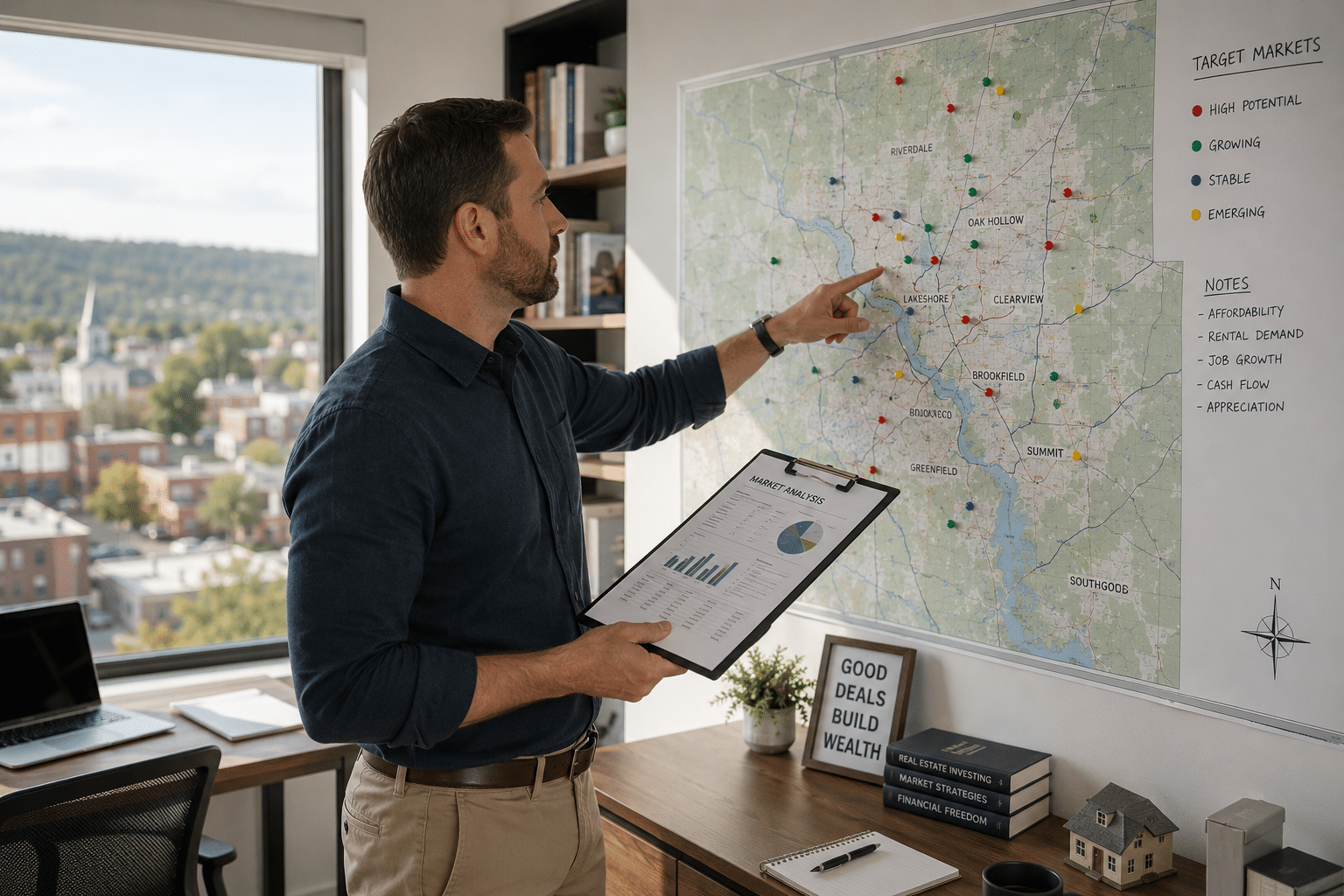 A real estate investor studies a wall-mounted regional map with colored location pins while holding a clipboard of market data in a bright home office overlooking a small town.