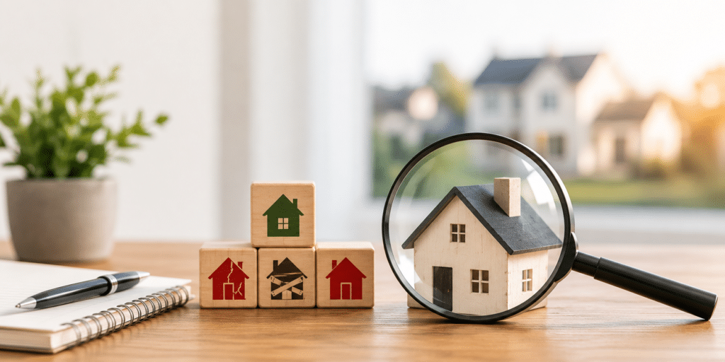 A wooden model house viewed through a magnifying glass beside color-coded property condition blocks on a clean desk with a notebook in a bright, modern workspace.