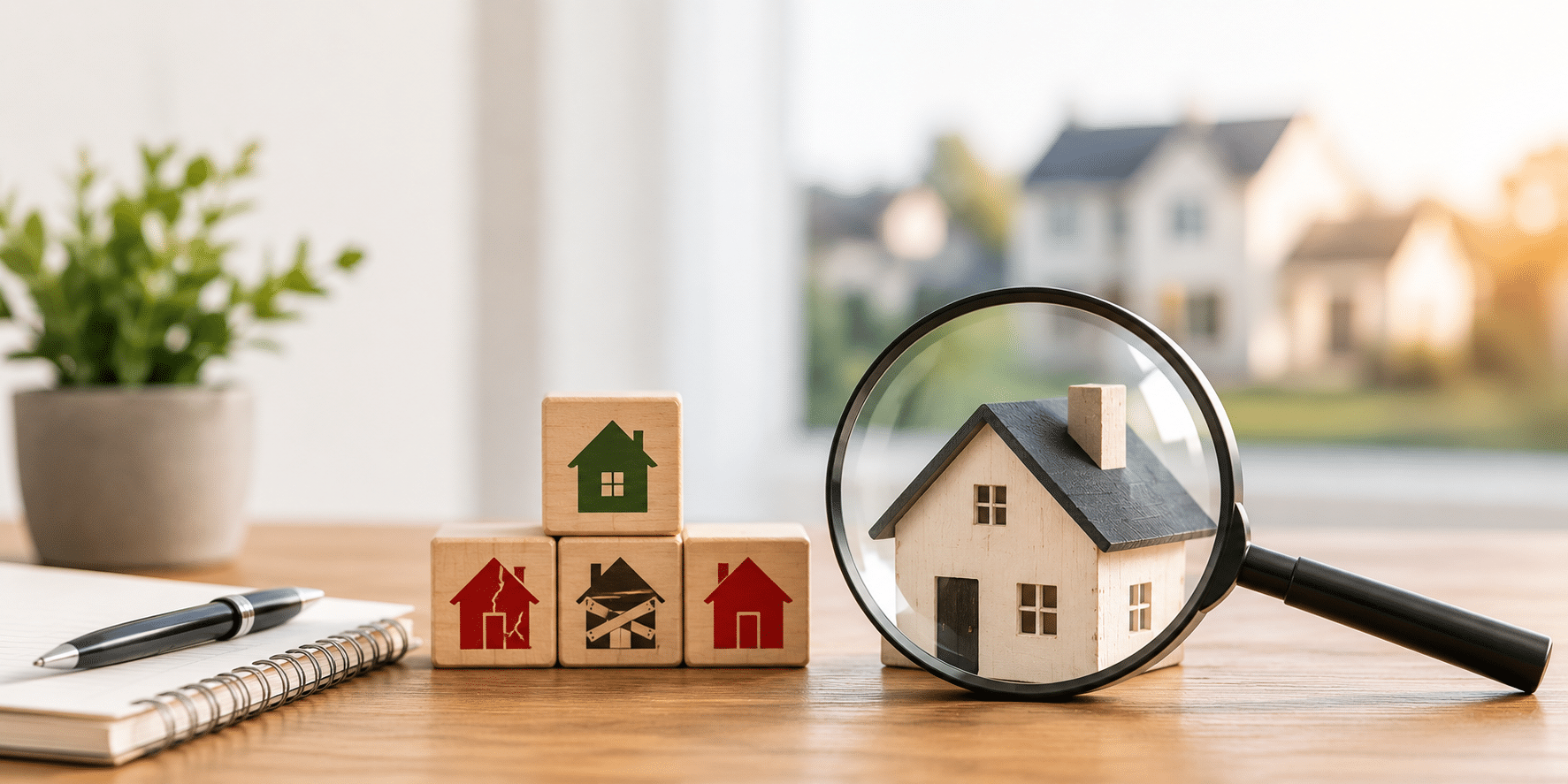 A wooden model house viewed through a magnifying glass beside color-coded property condition blocks on a clean desk with a notebook in a bright, modern workspace.