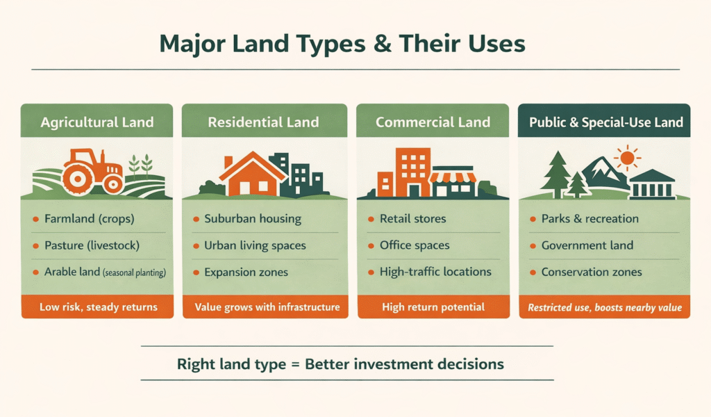 major land types—agricultural, residential, commercial, and public—with examples and investment notes.