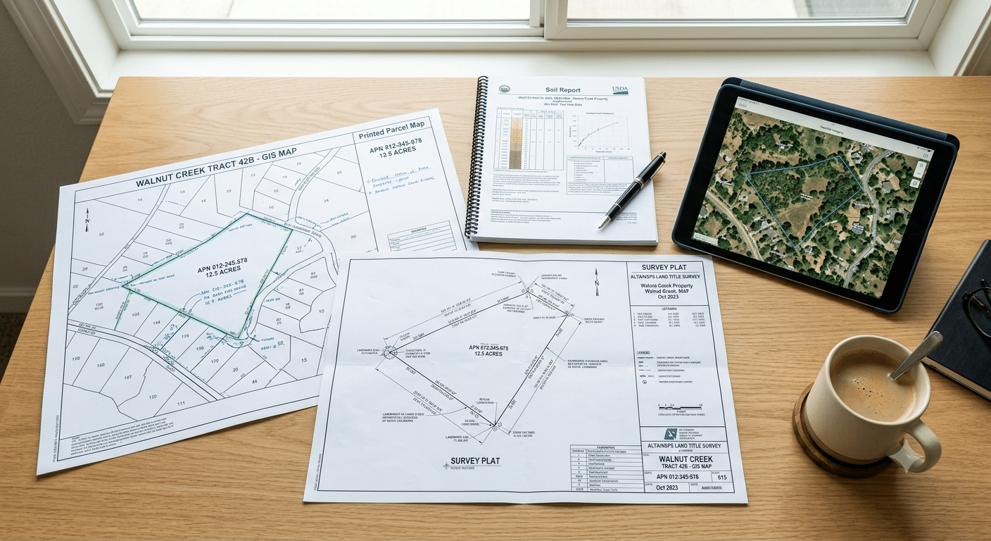 A high-resolution photo from above a wooden desk. Several professional documents are laid out: a survey map with a hand-drawn circle, a specific survey plat, a spiral-bound soil report, and a tablet displaying a satellite view of the property. A pen, a coffee cup, and a window in the background complete the real estate planning scene.