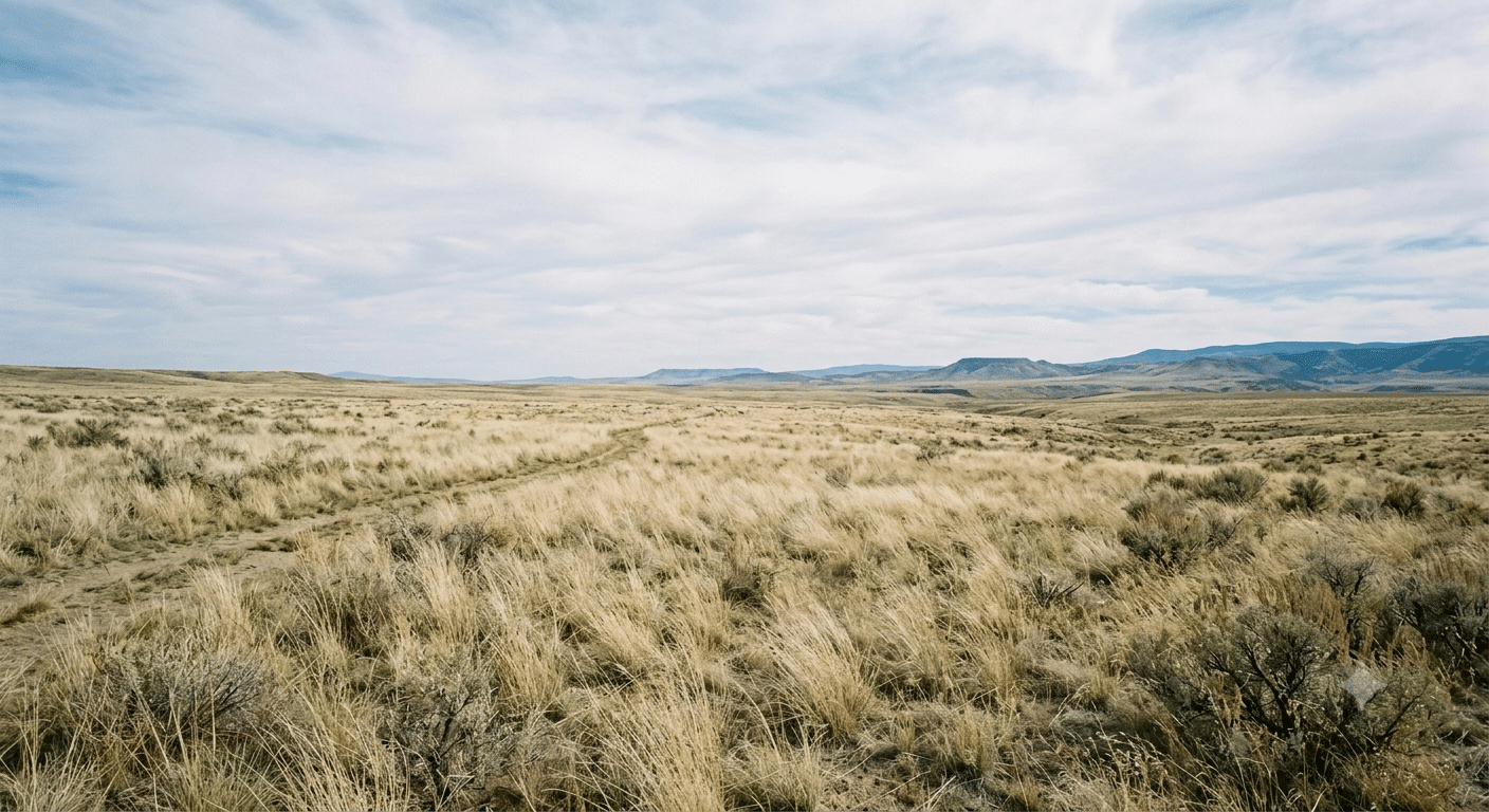 A landscape photograph of a wide, open grassland under a blue, partly cloudy sky, with distant blue-grey mountains on the horizon and a dirt track winding through the golden-yellow and low-lying sagebrush.