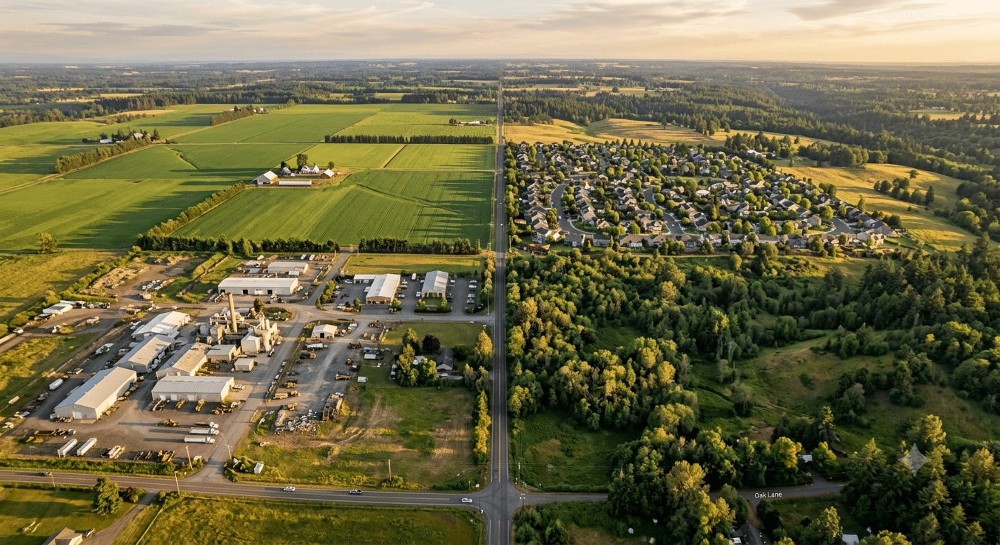 Aerial view showing farmland, a commercial property, and a residential neighborhood separated by a road, illustrating different land use and development patterns.