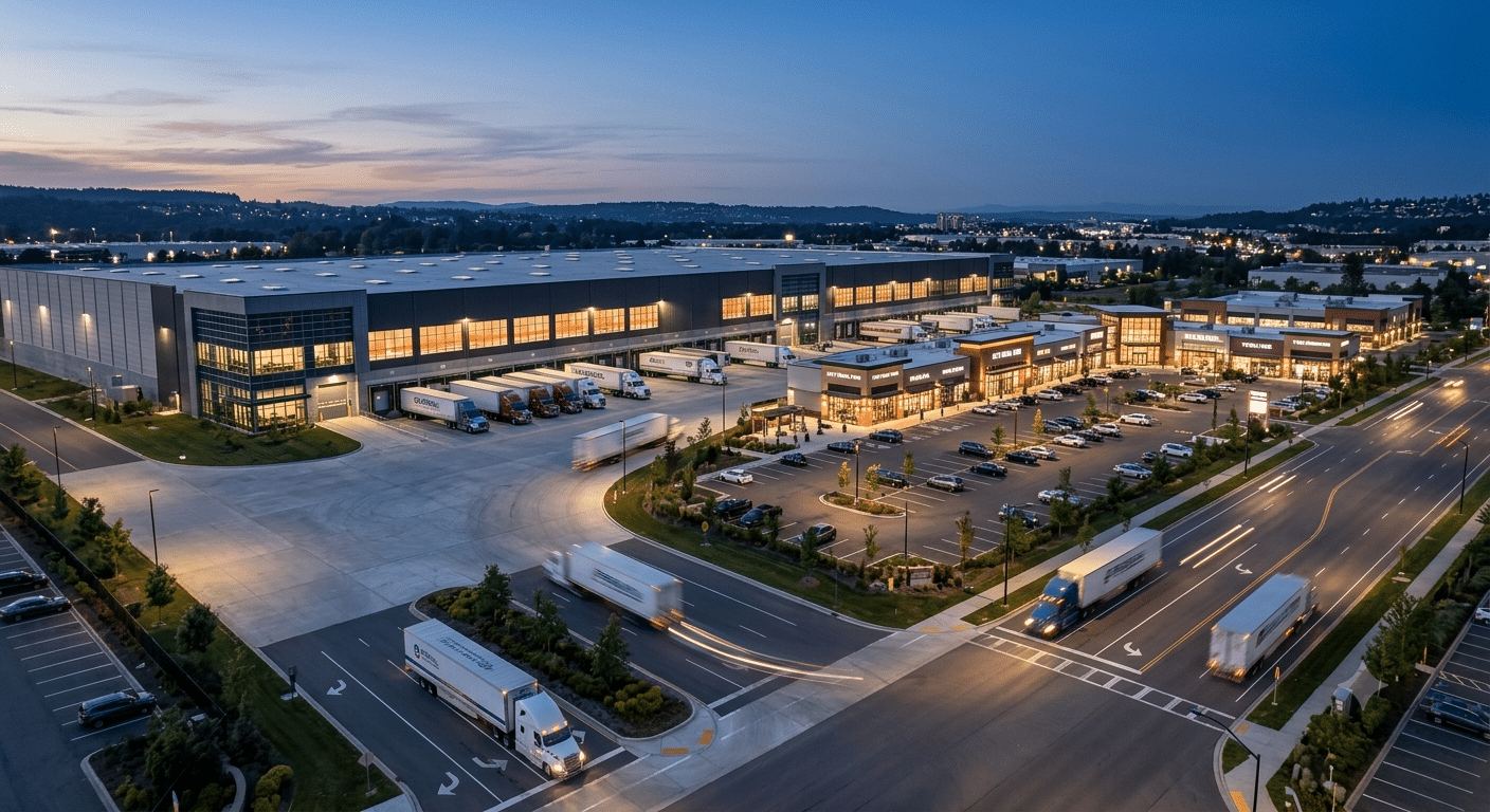 A high-resolution aerial view of a sprawling mixed-use commercial park, with a massive distribution center on the left and a cluster of retail stores and restaurants on the right, all connected by an active road and parking areas at dusk.