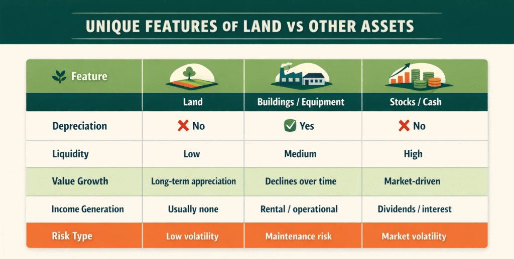 Unique features of land VS other assets