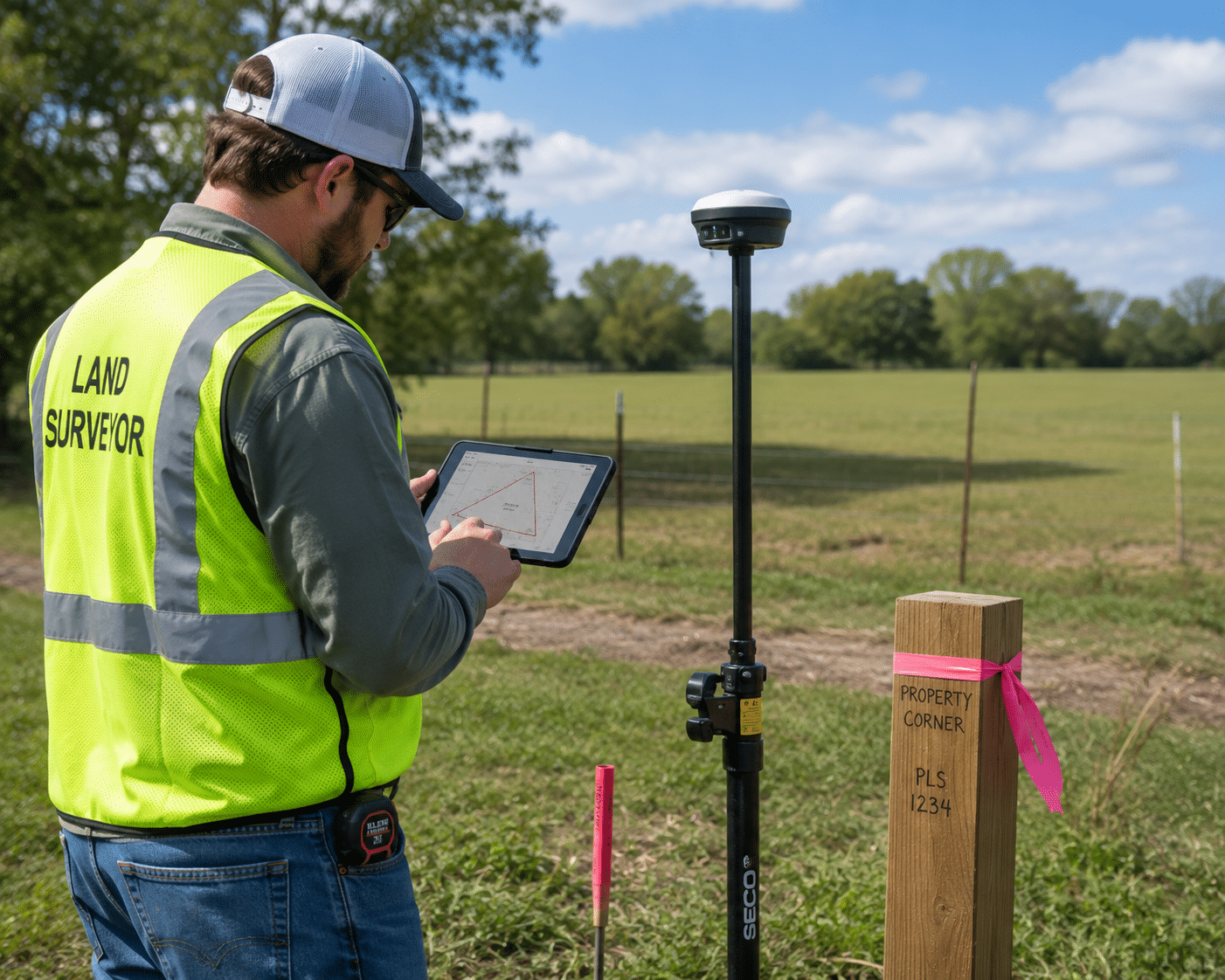 Professional land surveyor using GPS surveying equipment and a tablet displaying a property boundary map, with survey markers visible on a rural property in bright daylight.