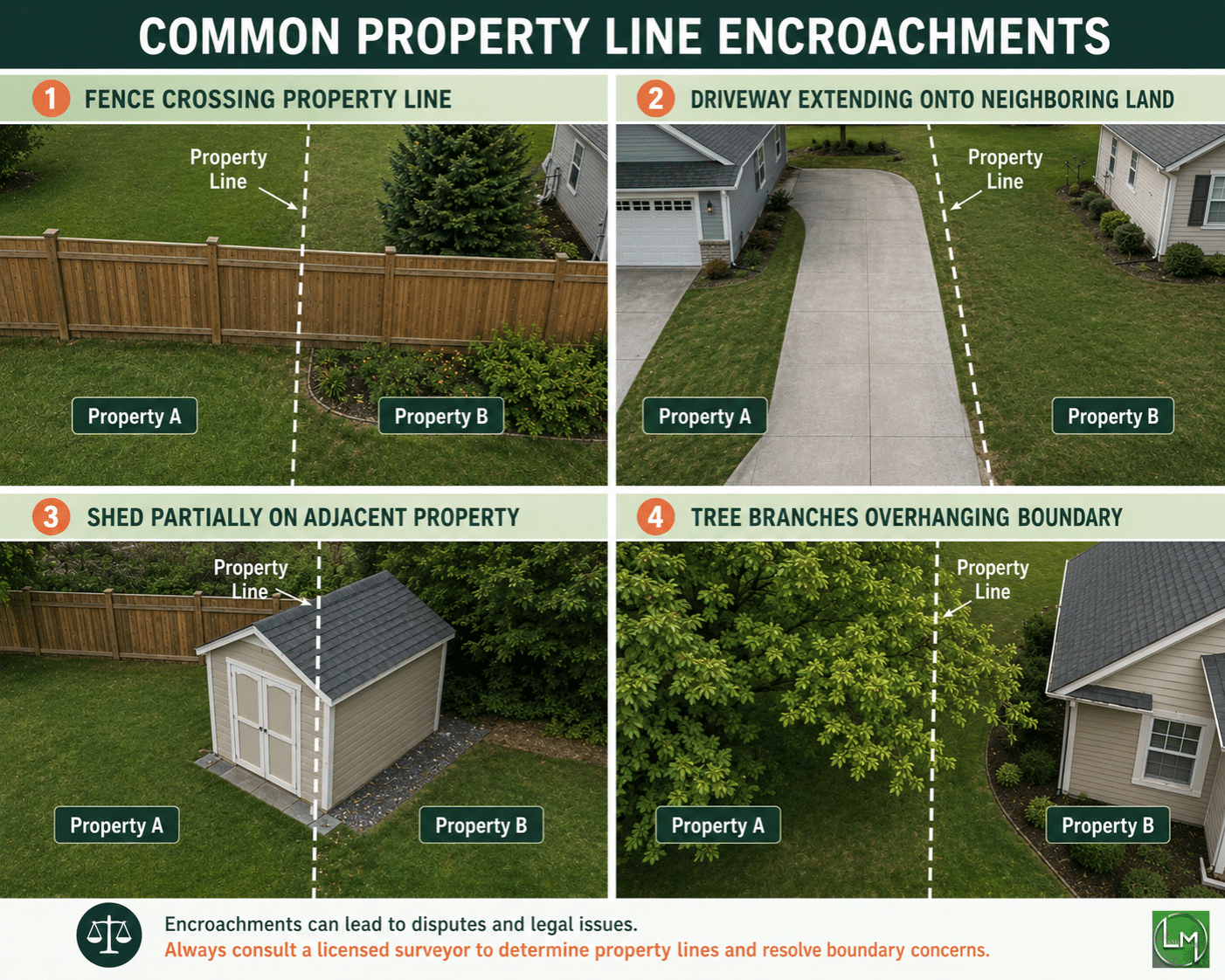 Four-panel illustration showing common property line encroachments: a fence crossing a boundary, a driveway extending onto neighboring land, a shed partially built on an adjacent property, and tree branches overhanging a property line.