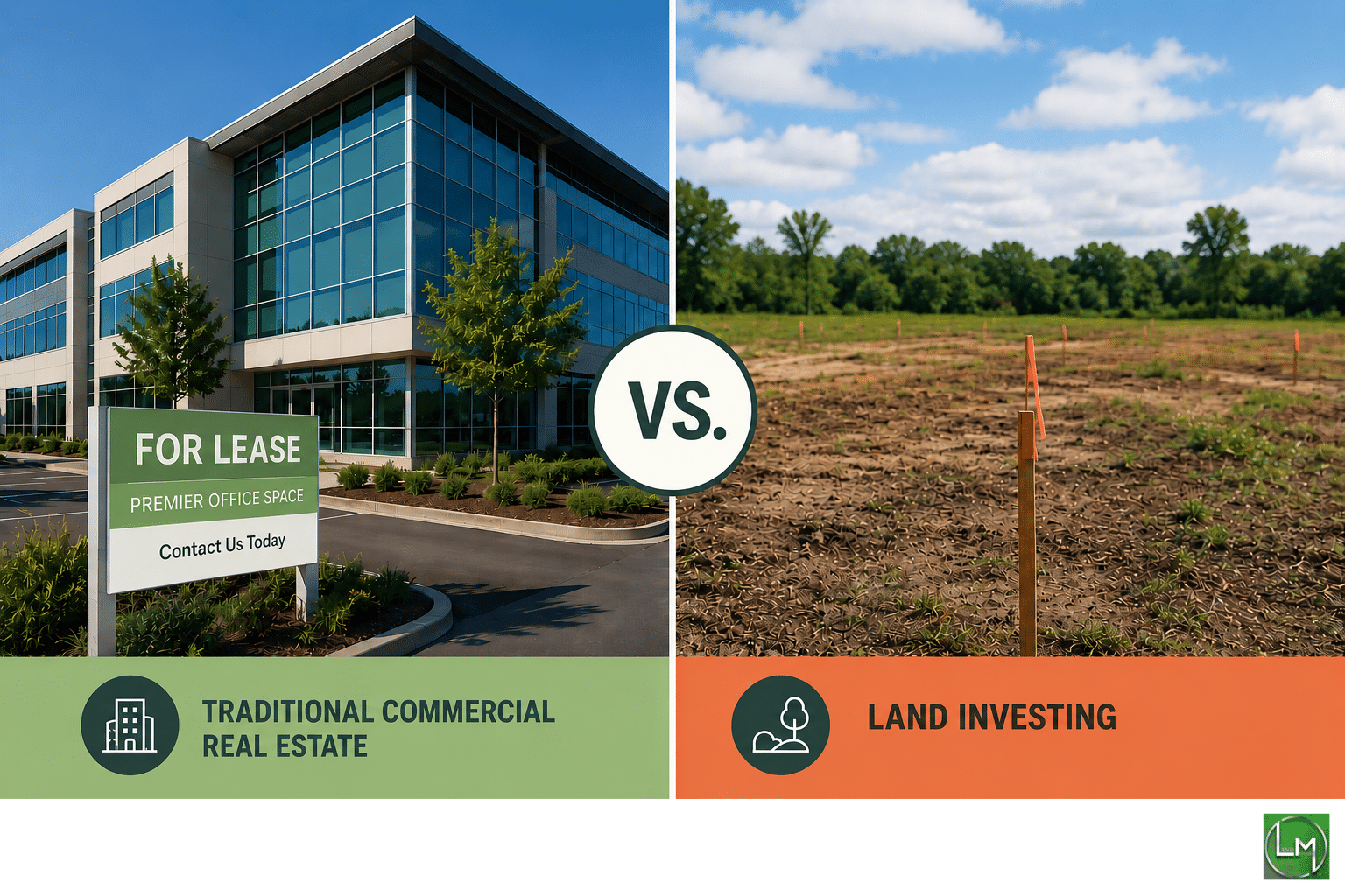 Split-screen image comparing a modern commercial office building with a "For Lease" sign on the left and undeveloped land with survey stakes on the right, illustrating the difference between traditional commercial real estate and land investing.
