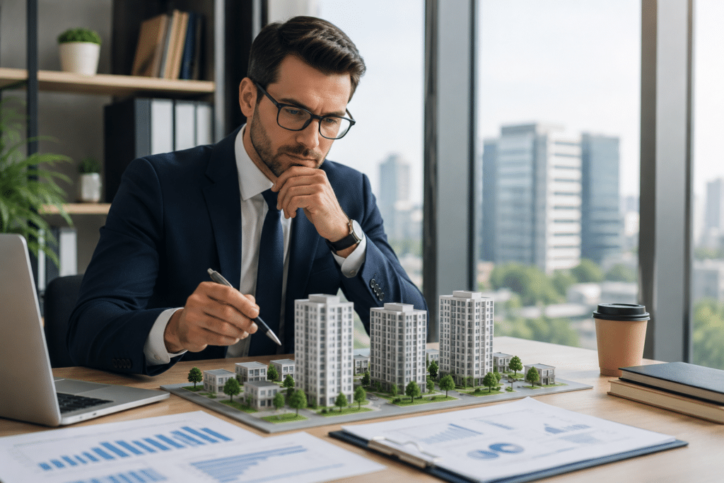 Commercial real estate investor examining a scale property model with financial documents in a modern office.